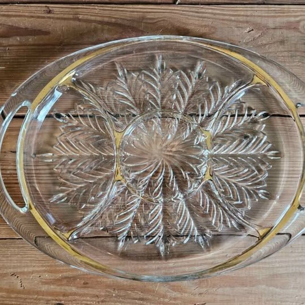 Vintage Jeannette Glass Feather Oval Serving Tray 22K Gold Trim 1950s